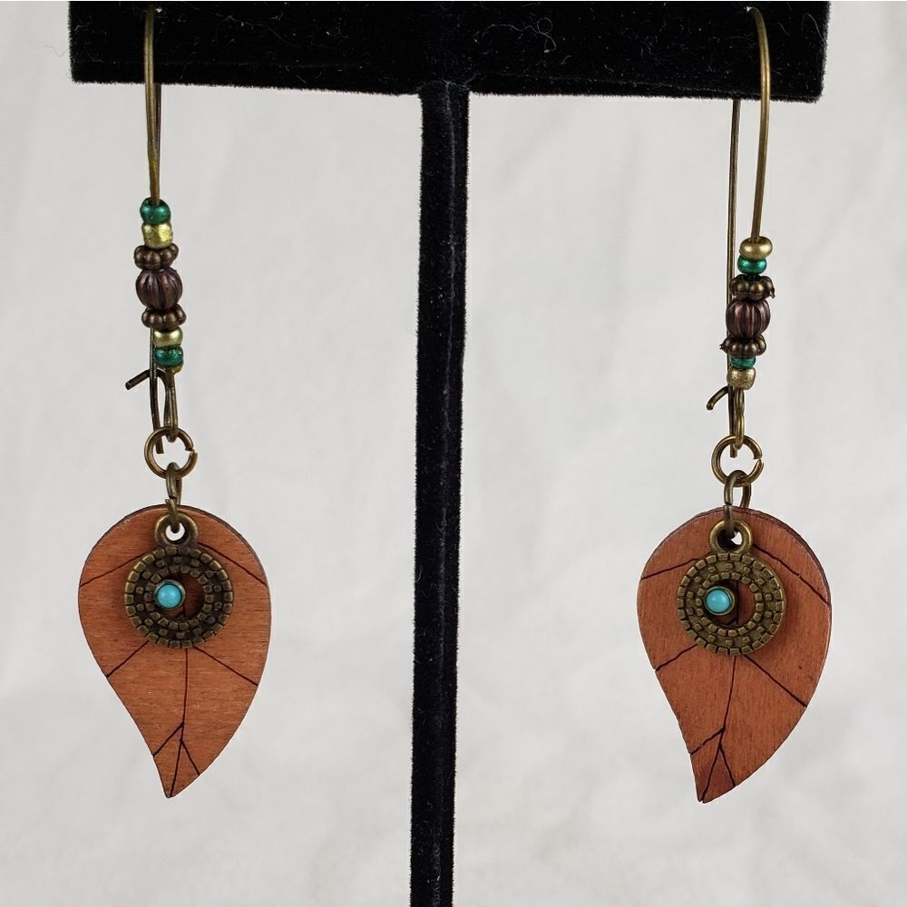 Wooden Leaf and Beaded Earrings